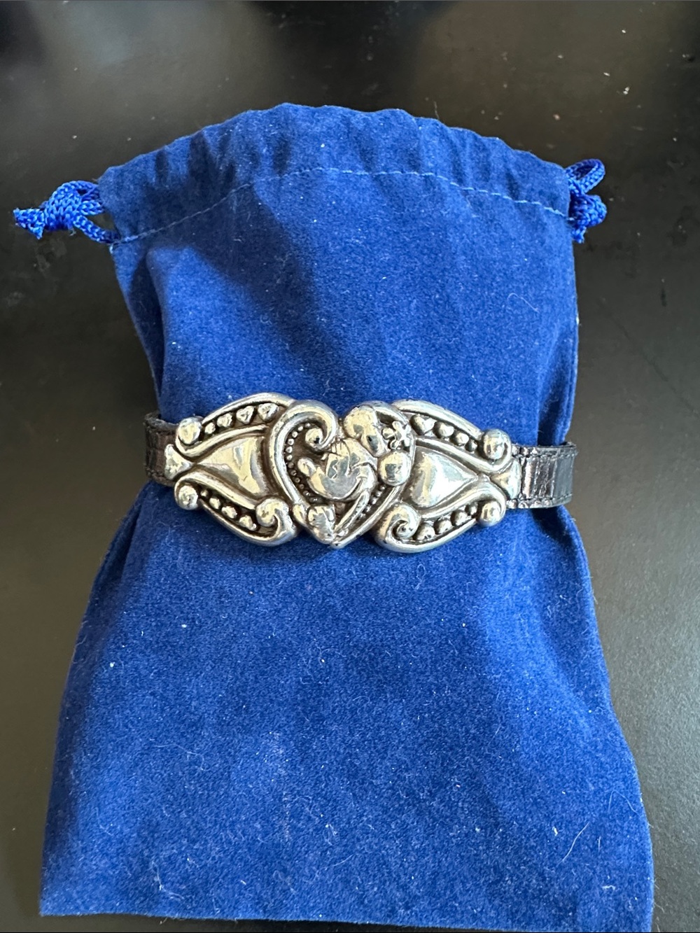 Brighton Black Leather Bracelet with Disney Minnie Mouse Silver Heart Motif